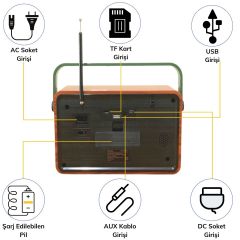 BUFFER® 505B Dekoratif Eskitme Nostalji Uzaktan Kumandalı Radyo Usb/Aux/Hafıza Kartı/Bluetooth/Şarjlı