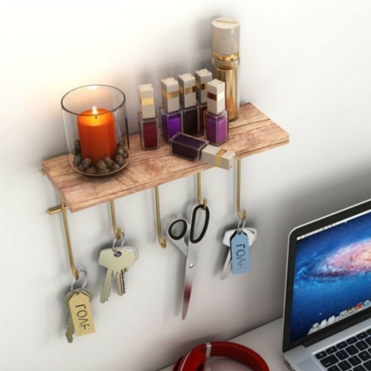 BUFFER® Çok Amaçlı Takı Mutfak Banyo Dekoratif Askılık Organizer Masif Ahşap Duvar Raf