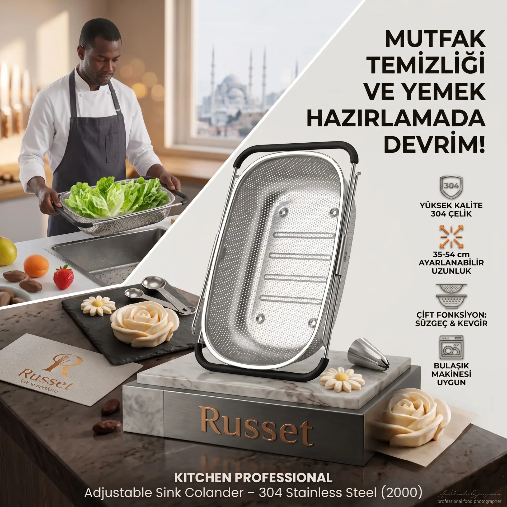 Çelik Ayarlanabilir Evye İçi Süzgeç – Perfore Delikli Lavabo Üstü Sebze & Meyve Yıkama Sepeti (35-54 cm)