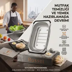 Çelik Ayarlanabilir Evye İçi Süzgeç – Perfore Delikli Lavabo Üstü Sebze & Meyve Yıkama Sepeti (35-54 cm)