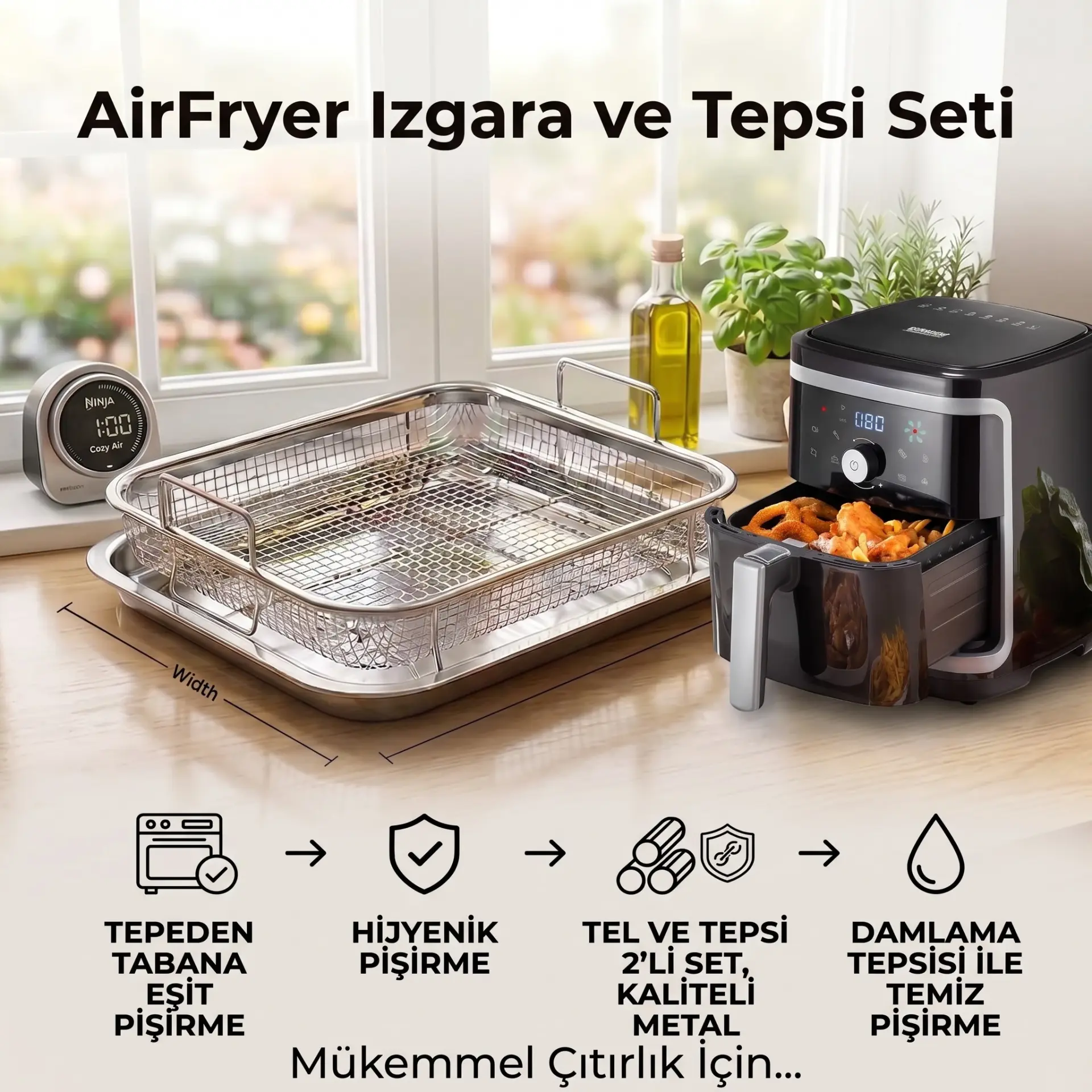 2'li Çelik Küçük Boy Airfryer Tel Izgara ve Tepsi Seti