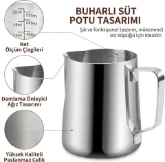 İçi Ölçekli Çelik Süt Karafı 900 ML & Buhar Potu - Profesyonel Pitcher