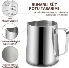 İçi Ölçekli Çelik Süt Karafı 550 ML & Buhar Potu - Profesyonel Pitcher