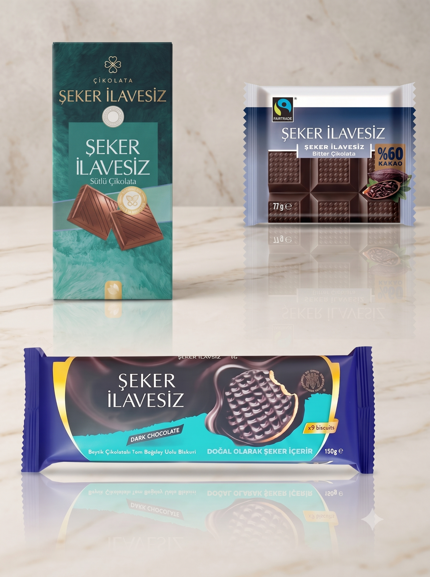 3'lü Şeker İlavesiz Atıştırmalık, 77 Gr Şekersiz Bitter, 100 Gr Sütlü Stevialı Çikolata, Bitter Şekersiz Bisküvi 150 Gr