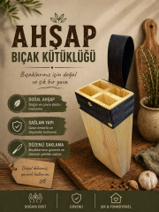 Masif Kütüklük, Kasap Ahşap Bıçak Kütüklüğü Bel Tipi, Kurban Bıçağı Koruma Kabı 4 Gözlü