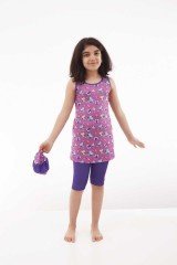 Emayo Kız Çocuk Yarı Tesettür Mayo Naz 4501 Eflatun (Kısa Kollu) 9-10 Yaş