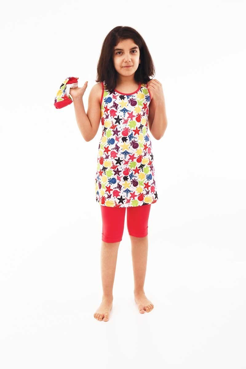 Emayo Kız Çocuk Yarı Tesettür Mayo Naz 4501 Nar Çiçeği (Kısa Kollu) 11-12 Yaş