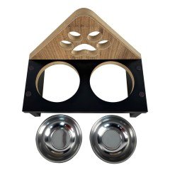BUFFER® Decotown Ahşap ve Paslanmaz Çelik Kedi Köpek Mama Ve Su Kabı