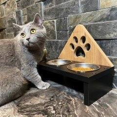 BUFFER® Decotown Ahşap ve Paslanmaz Çelik Kedi Köpek Mama Ve Su Kabı