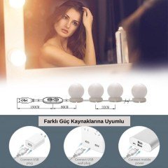BUFFER® Nostalji Hollywood Tarzı 10lu Makyaj Masası Aynası Beyaz Led Işıklı Lamba USB