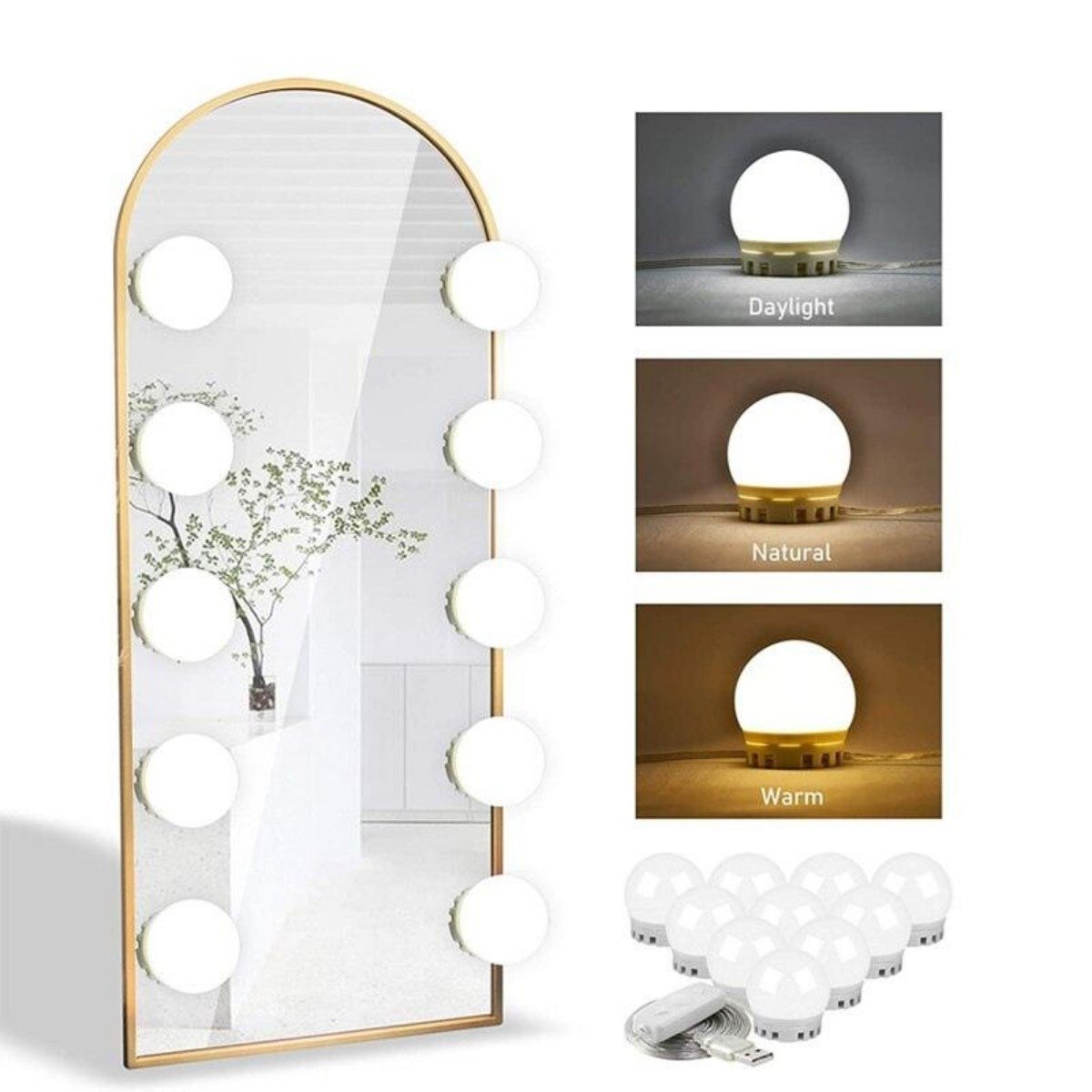 BUFFER® Nostalji Hollywood Tarzı 10lu Makyaj Masası Aynası Beyaz Led Işıklı Lamba USB