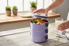 3 Katlı Vakumlu Yemek Termosu 3lü Sefer Tası Freshbox Serisi Mor Renk